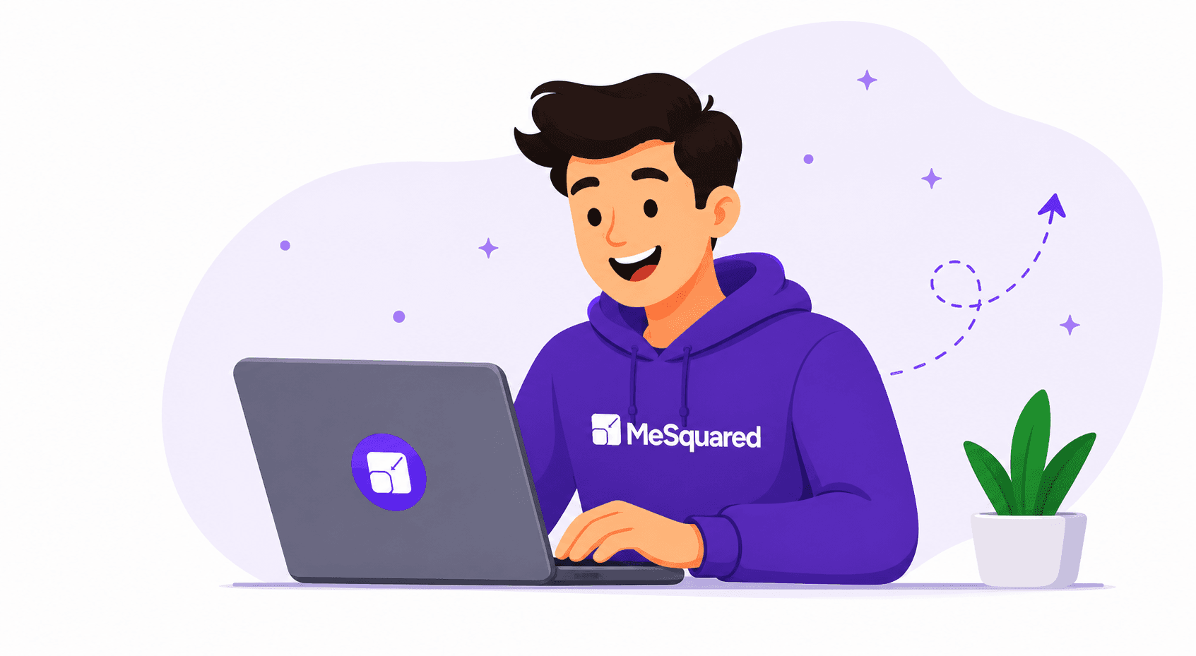 A MeSquared partner wearing a branded hoodie and working from a branded laptop