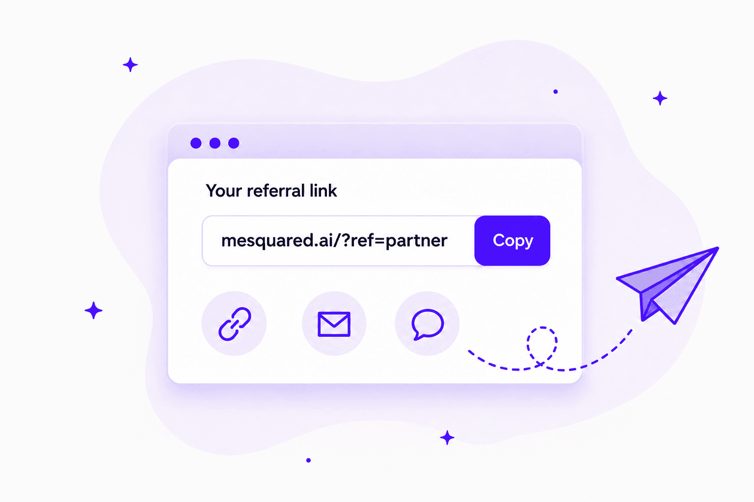 A referral link interface with sharing icons and a paper airplane